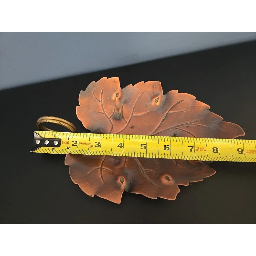 Copper Oak Leaf Bowl Trinket KEYS candy Coppercraft Guild USA Brass Ring Handle‎